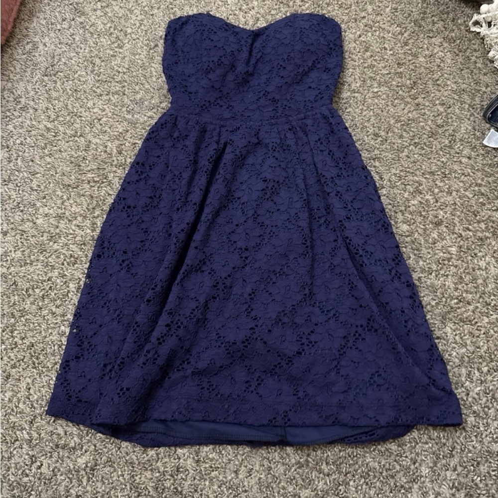Navy Lace Strapless Dress- Padded